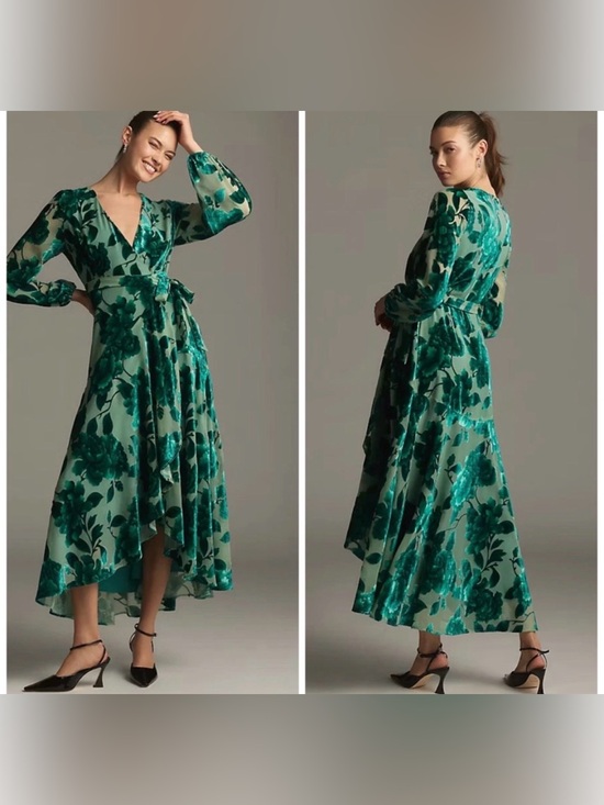 Anthropologie Dresses & Skirts - Anthropologie Hutch Velvet Wrap Dress Green Maxi Floral Small
